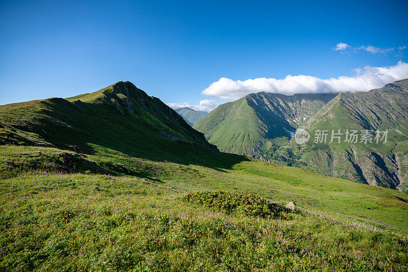 令人惊叹的夏季景观绿色高加索山脉在阳光灿烂的日子