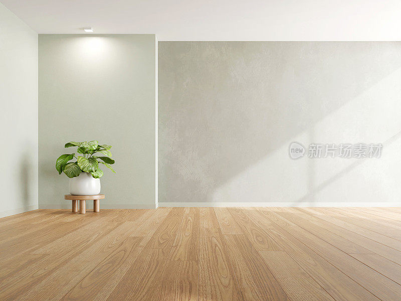 木质地板和混凝土墙的空房间3d效果图。