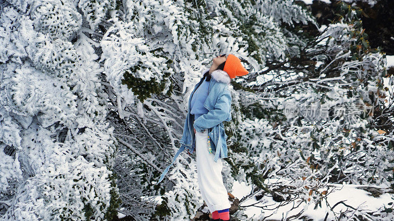 一个女人在寒冷的天气里穿行于白雪覆盖的山林之中