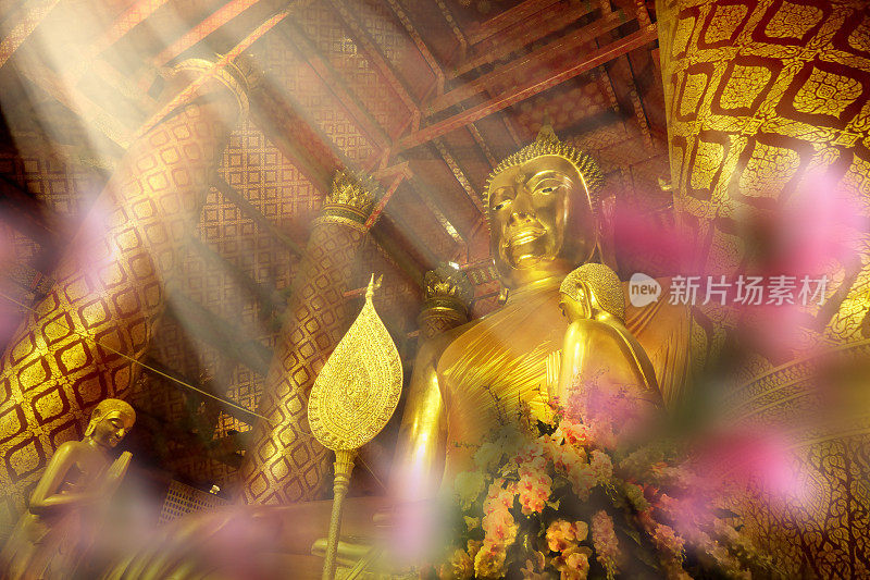 佛寺里金色闪亮的大型佛像雕塑和鲜花