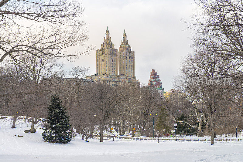 在美国纽约市曼哈顿市中心的冬天，从白雪覆盖的中央公园看到的城市景观，包括一个结冰的池塘。