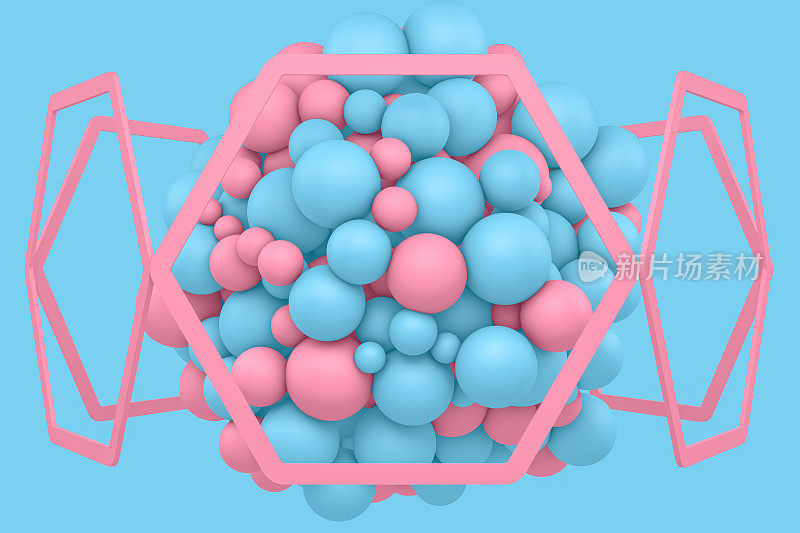 3D圆形框架与飞行的球在蓝色的背景