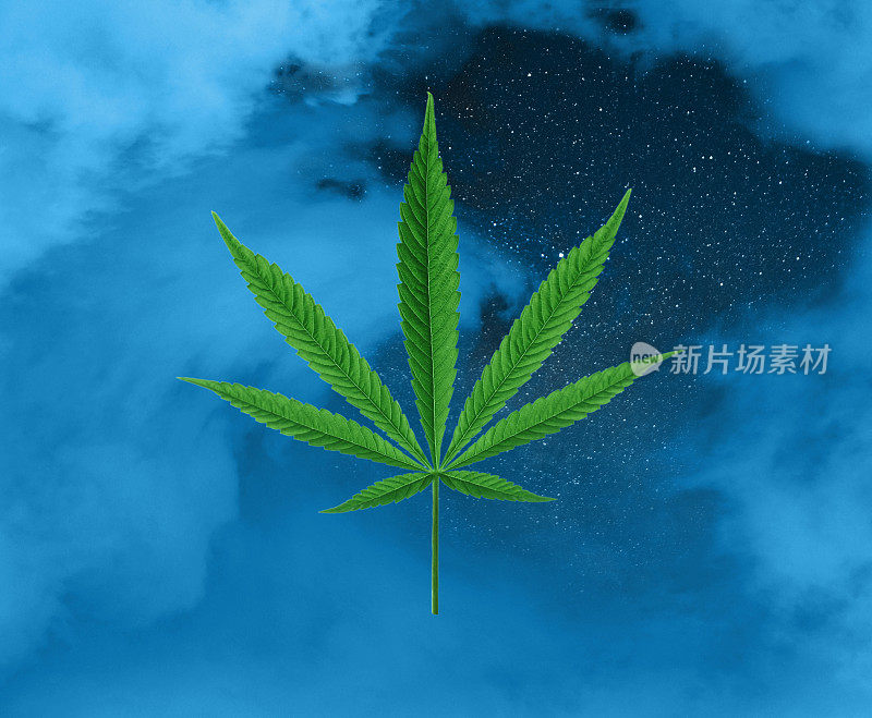 大麻叶子随着烟雾、云朵和星星漂浮在半空中