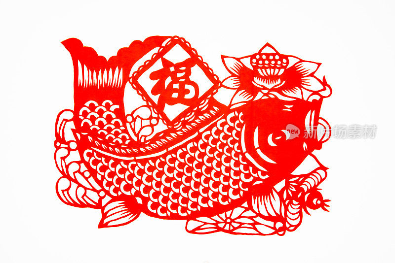 中国传统剪纸艺术图案、花窗。象征着幸福和好运。中国新年装饰元素。中国鲤鱼剪纸艺术。汉字(福、寿、安、财、丰)