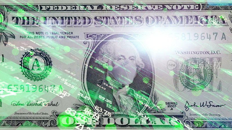 1美元纸币和一次性医用口罩。美国冠状病毒疫情的概念。冠状病毒大流行和经济衰退对美国经济的影响