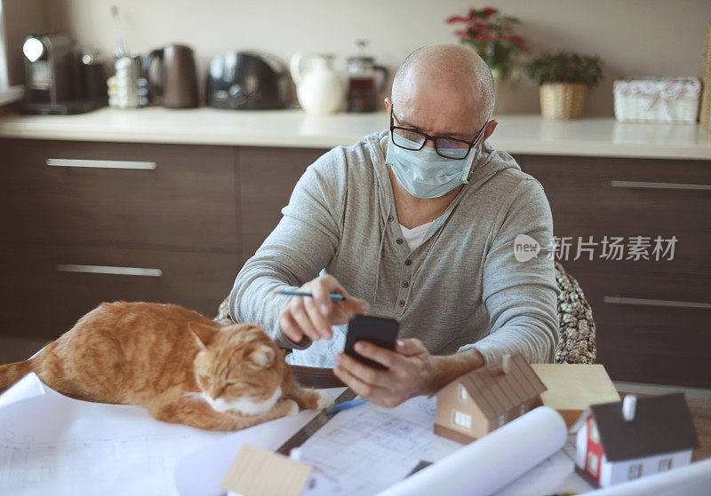 成年男人在家和猫一起工作(戴着面具)