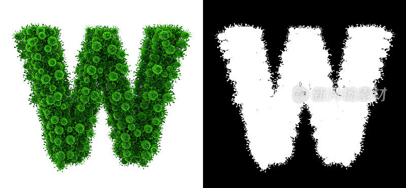 字母W由细菌和阿尔法蒙版组成，字母W由病毒和阿尔法蒙版组成，细菌字体，病毒字体，3d字母