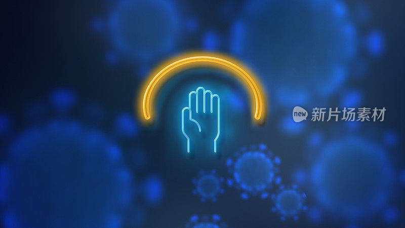 蓝色背景霓虹灯上的手势符号，用于警示新冠肺炎疫情