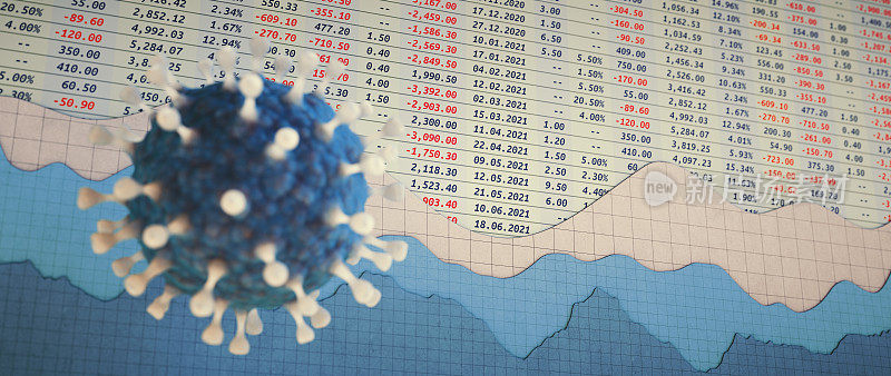 在折线图和电子表格前的一个蓝色冠状病毒COVID-19病原体细胞的低角度视图，2021年的财务报告数据。