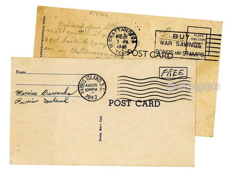 两张美国军人的明信片，1943年