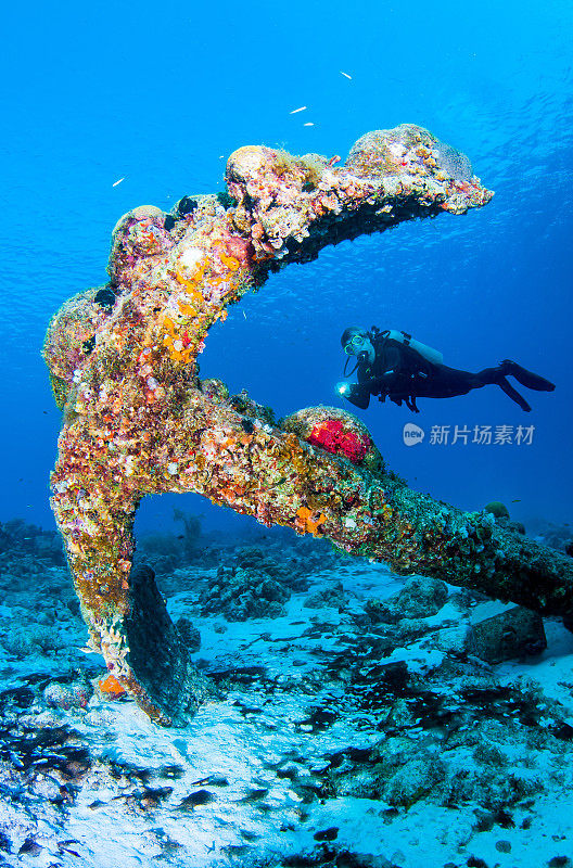 一名潜水员踩在镶有海绵的西班牙老锚上