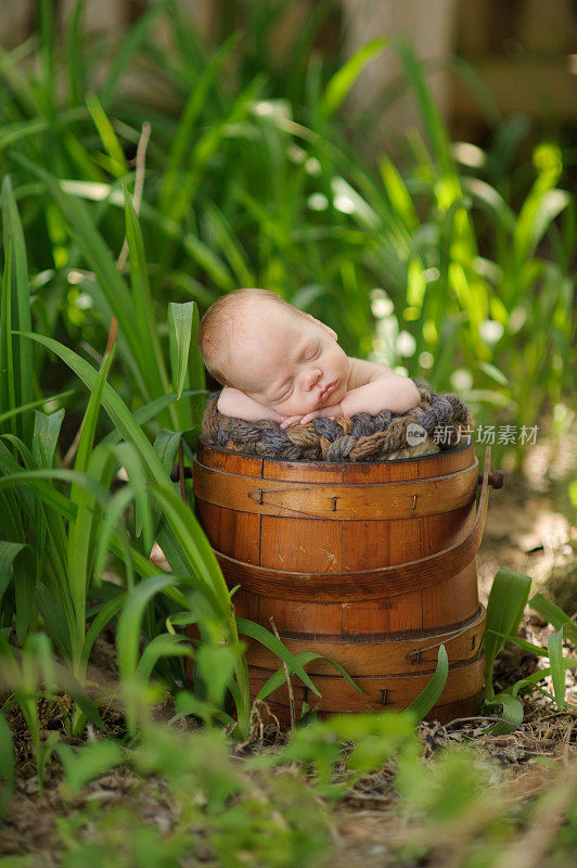 夏天早产男婴睡在复古桶里