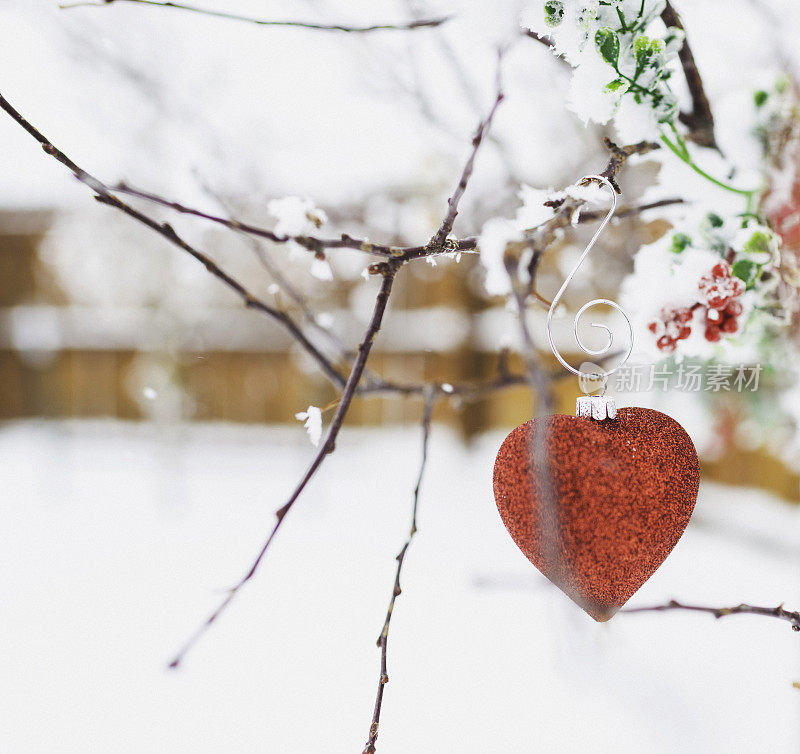心形的圣诞装饰品挂在白雪覆盖的圣诞树上
