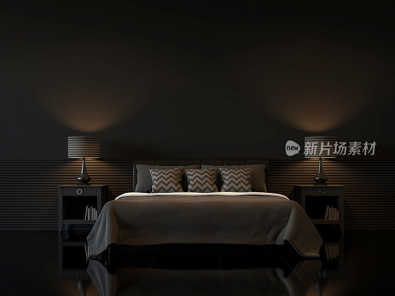 现代卧室室内与空白的黑色墙壁3d渲染图像