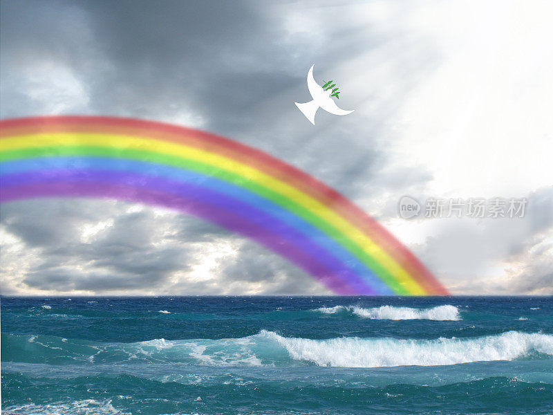 白鸽带着橄榄叶和彩虹飞向光明