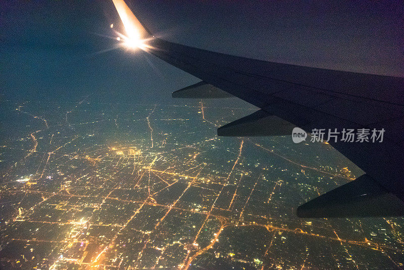 夜景从飞机曼谷，泰国