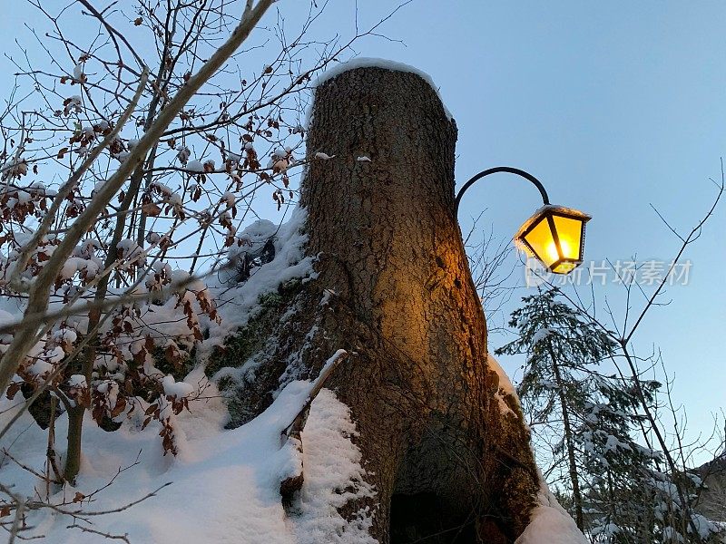 雪中照亮乡村街灯