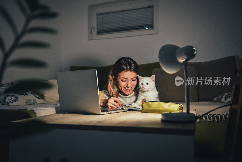 女孩在家和她的猫一起在线学习
