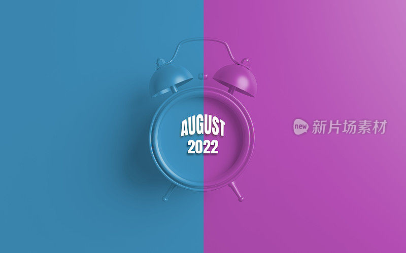 蓝色和紫色背景的2022年8月日历闹钟