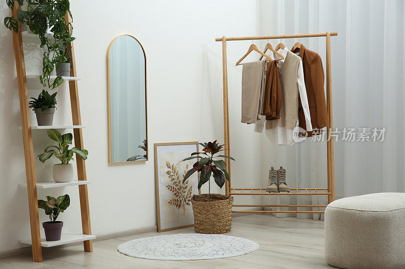更衣室内部配有木制家具、镜子和室内植物。时尚配件