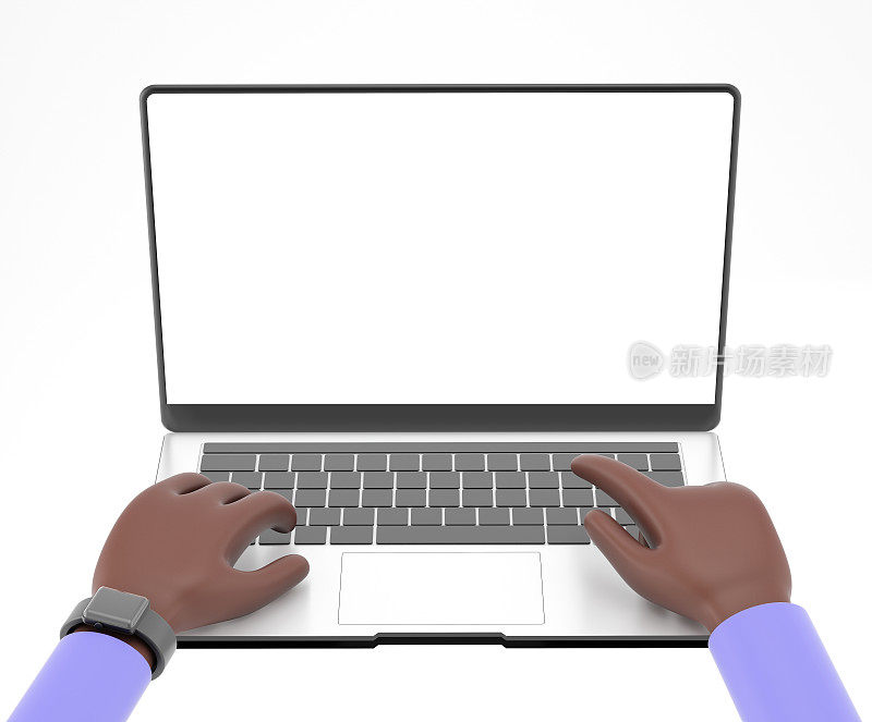 空白屏幕笔记本电脑与卡通黑色3d手孤立在白色。数字营销的概念。