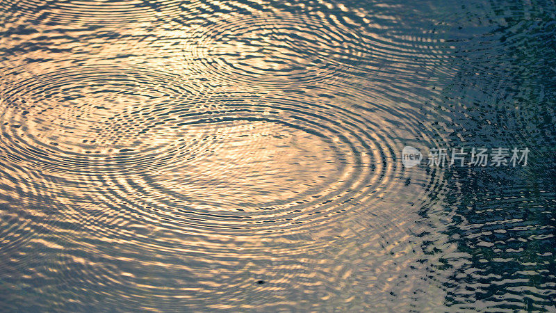 雨水落在水池上，阳光反射在表面纹理上。