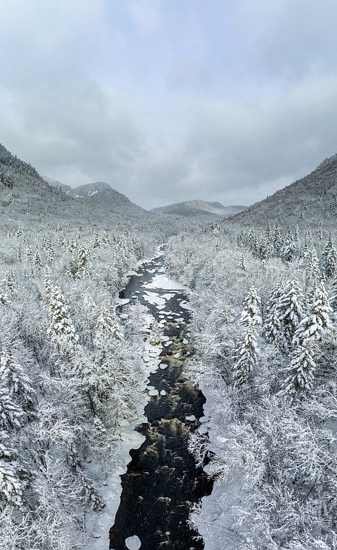 加拿大魁北克，暴风雪后冬季北方自然森林和河流的全景鸟瞰图