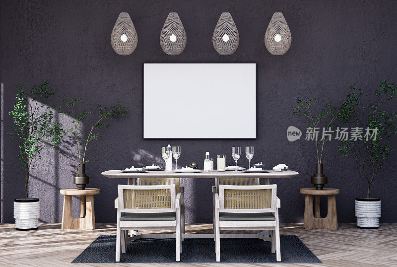 模仿海报框架在现代室内装修齐全的房间背景，餐厅