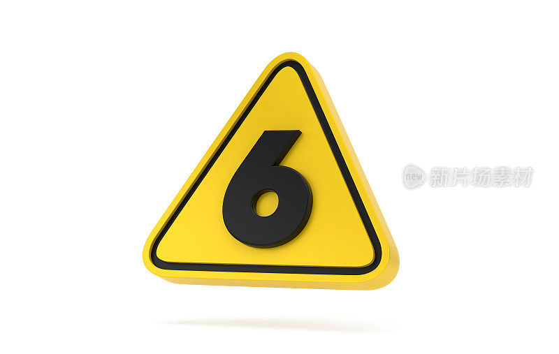 数字6的3D黄色三角形警告标志