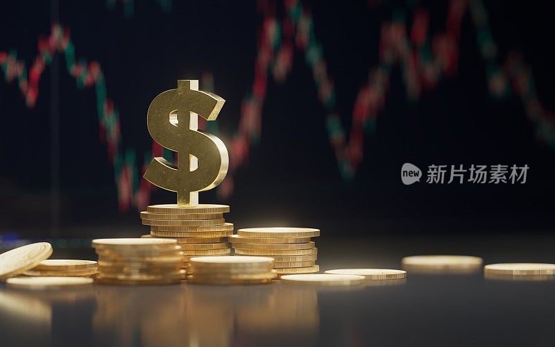 美元符号在蓝色金融图表前的硬币堆栈顶部