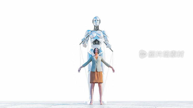 白色背景的人工智能机器人控制木偶