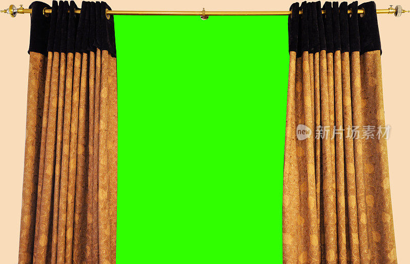 窗帘与绿幕键控，背景设计。金色的窗帘打开钥匙，绿色的屏幕