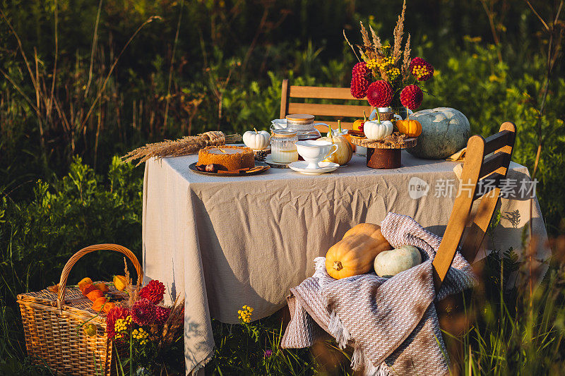 茶具配手工派。美丽的花园景观木制家具，有篮子，柔软的毯子和燃烧的蜡烛。户外秋天的家庭聚会，舒适的秋天室内。南瓜，红色大丽花