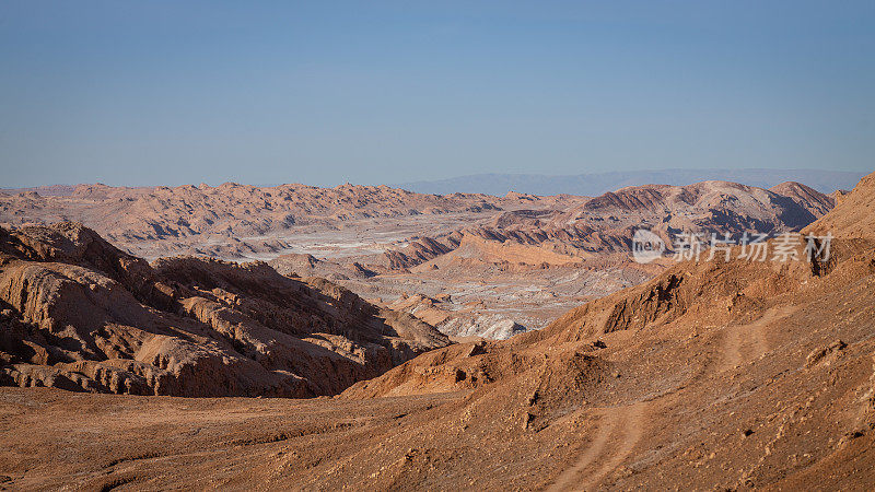 智利阿塔卡马沙漠中月亮谷奇异的岩石和盐层全景图。