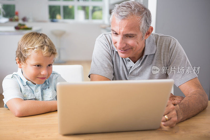 爷爷和他的孙子在用笔记本电脑