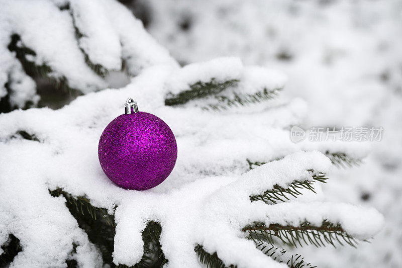 户外雪树上的粉色圣诞装饰物