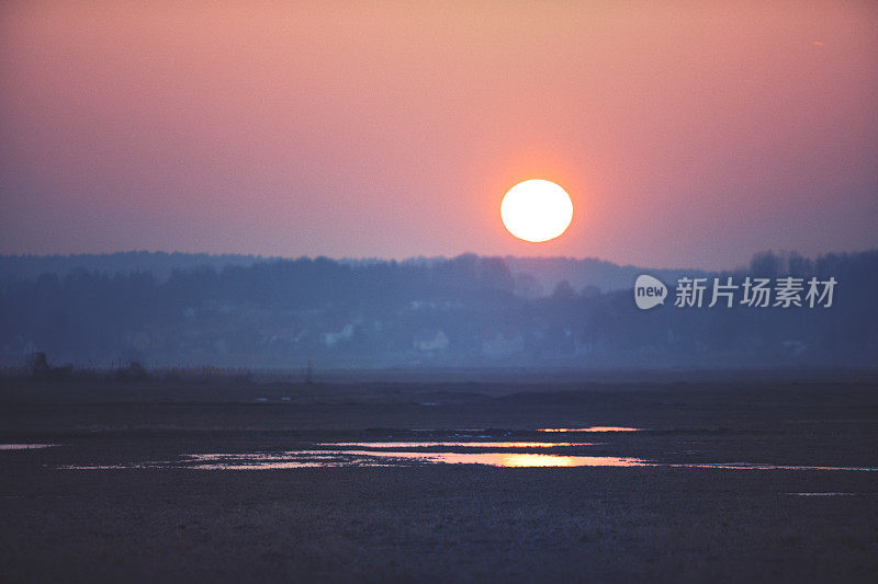 草地上美丽的橙色夕阳