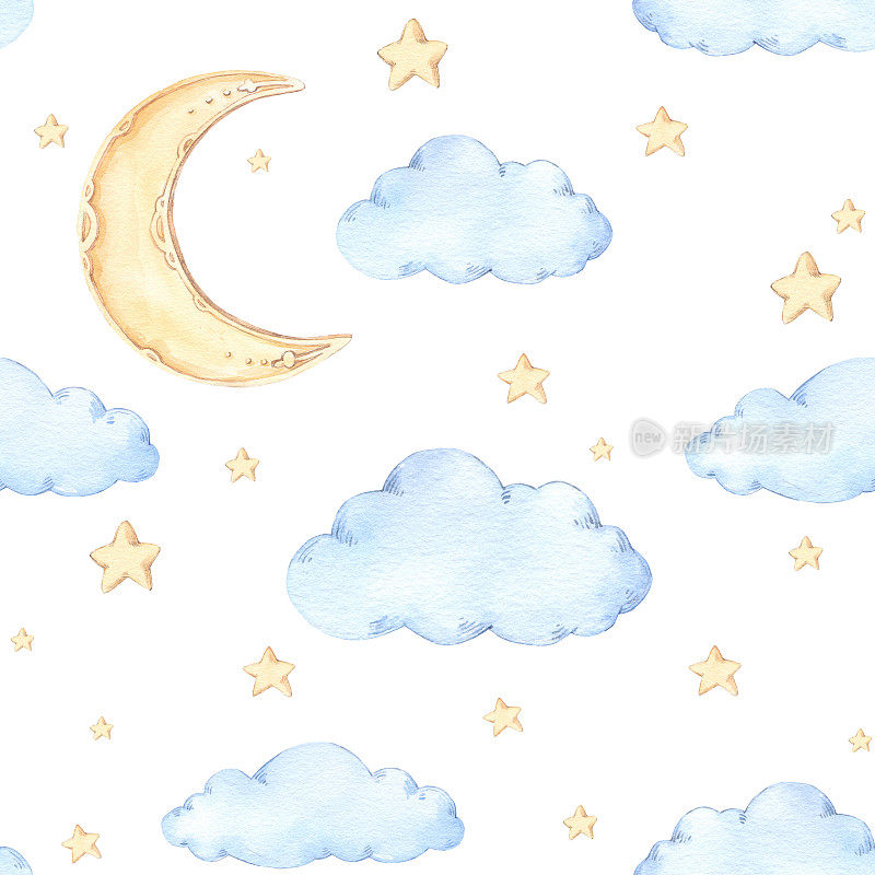 水彩无缝图案-月亮和星星。关于儿童房间的想法。晚安，各位。宝宝派对元素。适合印刷品，明信片，印刷品，贺卡，织物等