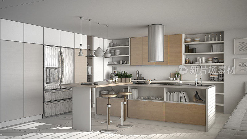 现代木质厨房未完成的项目，以木质的细节，白色简约的室内设计