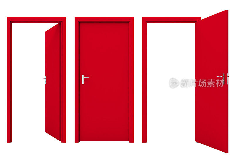 打开一扇孤立在白色背景下的红色门。