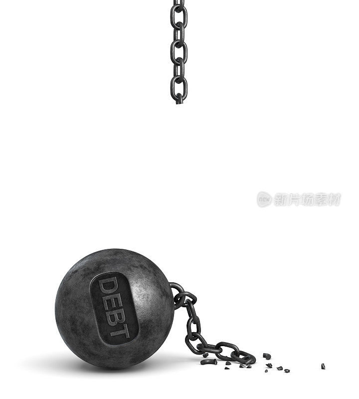 一个破碎的铁链的3d渲染，用来持有一个大的铁破坏球与字母债务上