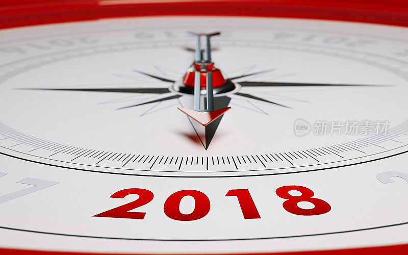 2018年新年概念:指南针箭头指向2018年