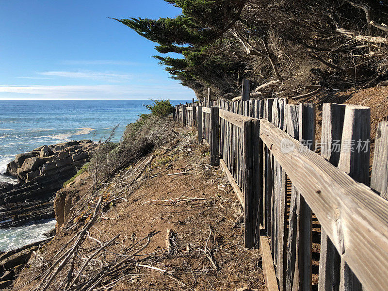 海洋之路:阳光明媚的北加州，有旧篱笆。海洋牧场