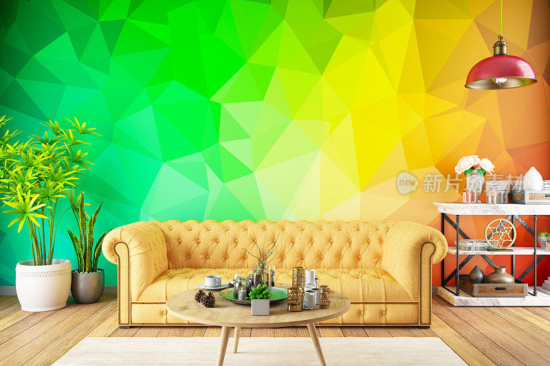 现代客厅沙发和彩色壁纸