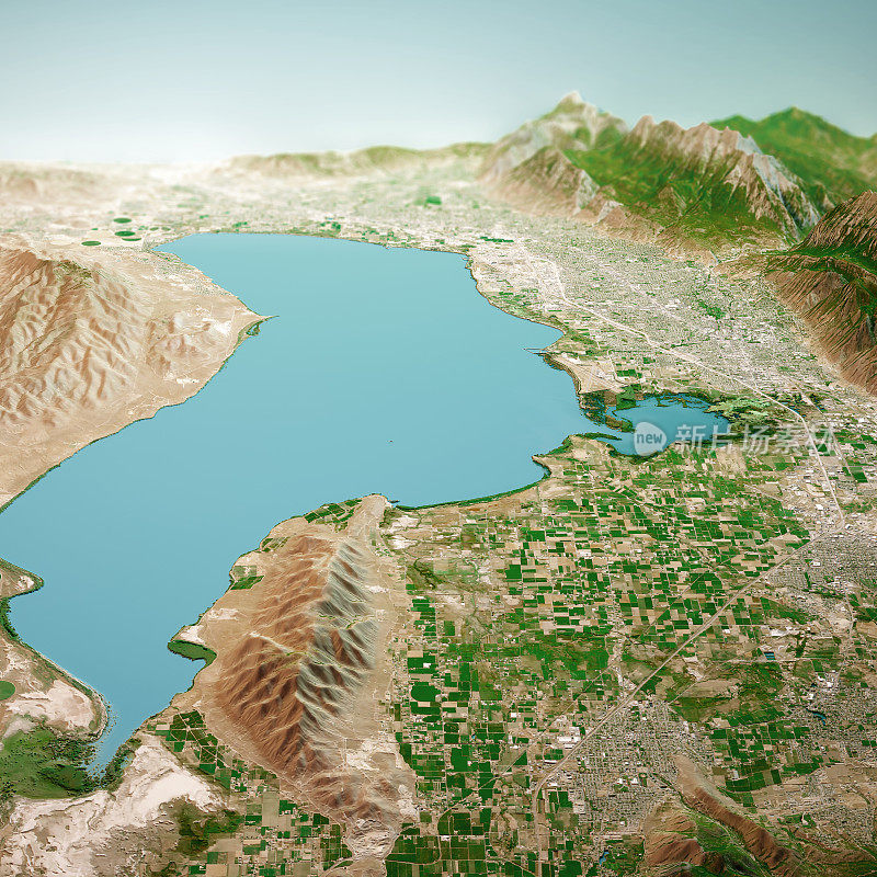 从2019年8月南部的普罗沃犹他州湖3D渲染空中地平线视图