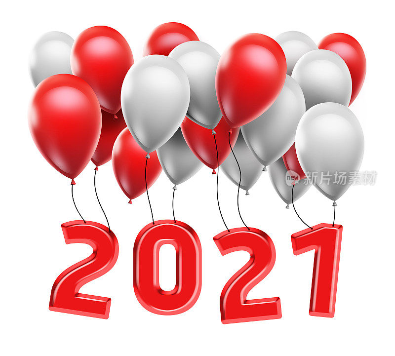 用红色和白色的气球祝你2021年新年快乐