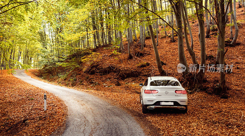 汽车停在路边的秋天的森林。