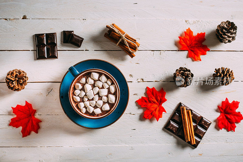 平铺自制热巧克力与棉花糖