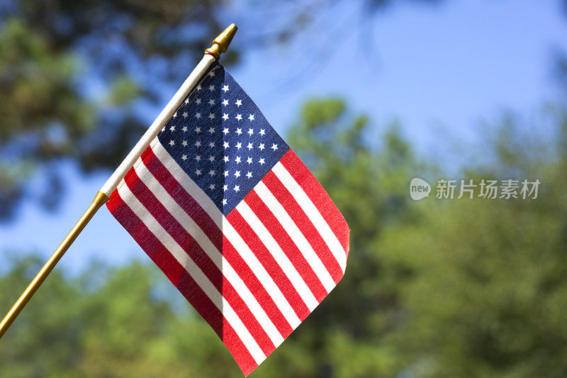 在一个阳光明媚的日子里，外面挂着美国国旗。