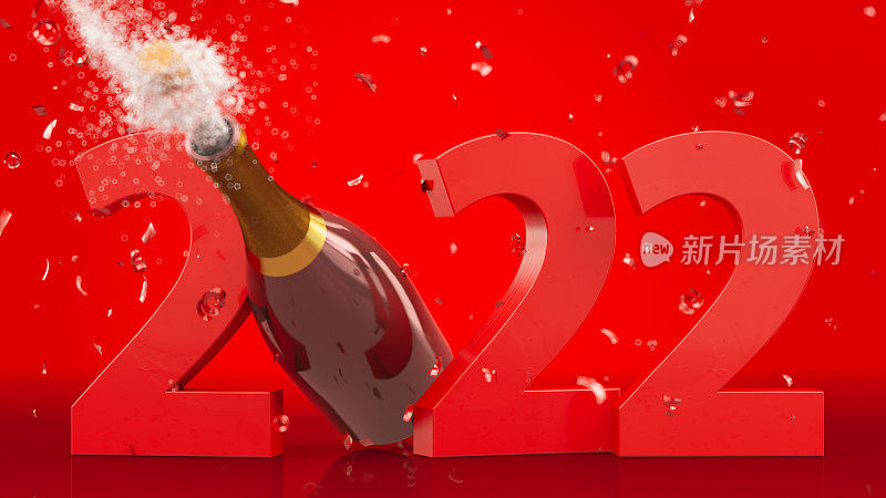2022年新年概念与香槟瓶飞溅